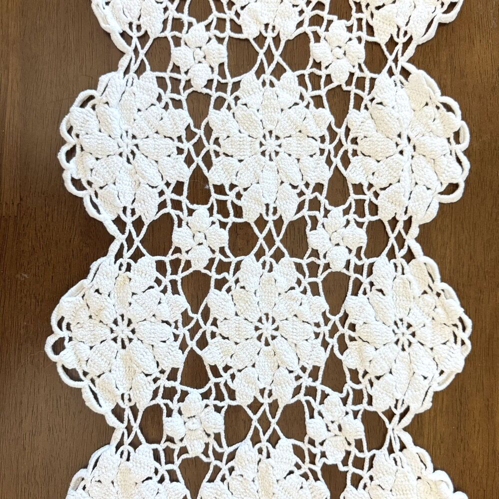 Vintage Ivory Crocheted Floral Doily Table Runner Buffet Dresser 54"x13"